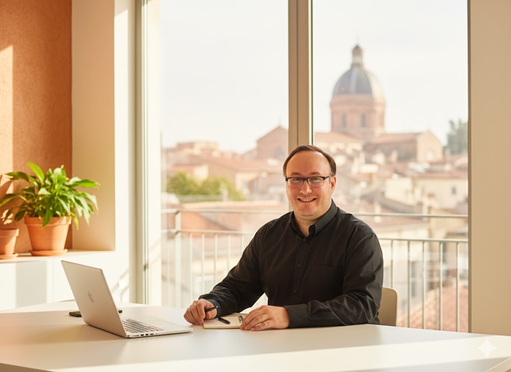georges corre assis sur son bureau devant son ordinateur