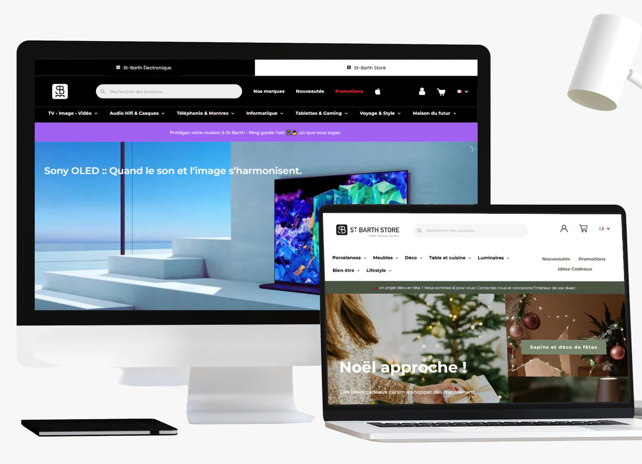 site e-commerce affiché sur un pc fixe et un pc portable