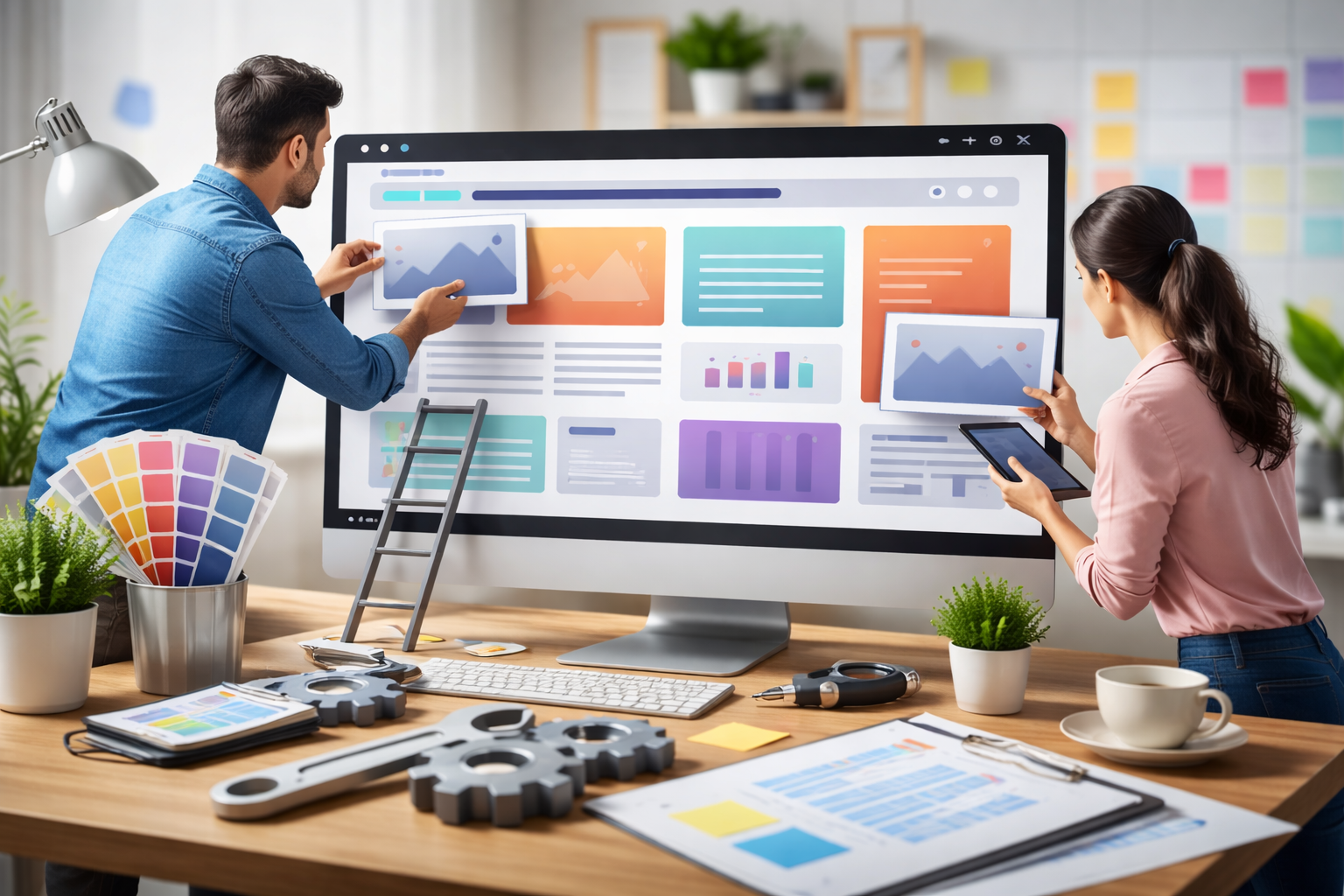 Deux professionnels travaillent sur la refonte visuelle d’un site internet affiché sur un grand écran dans un bureau moderne