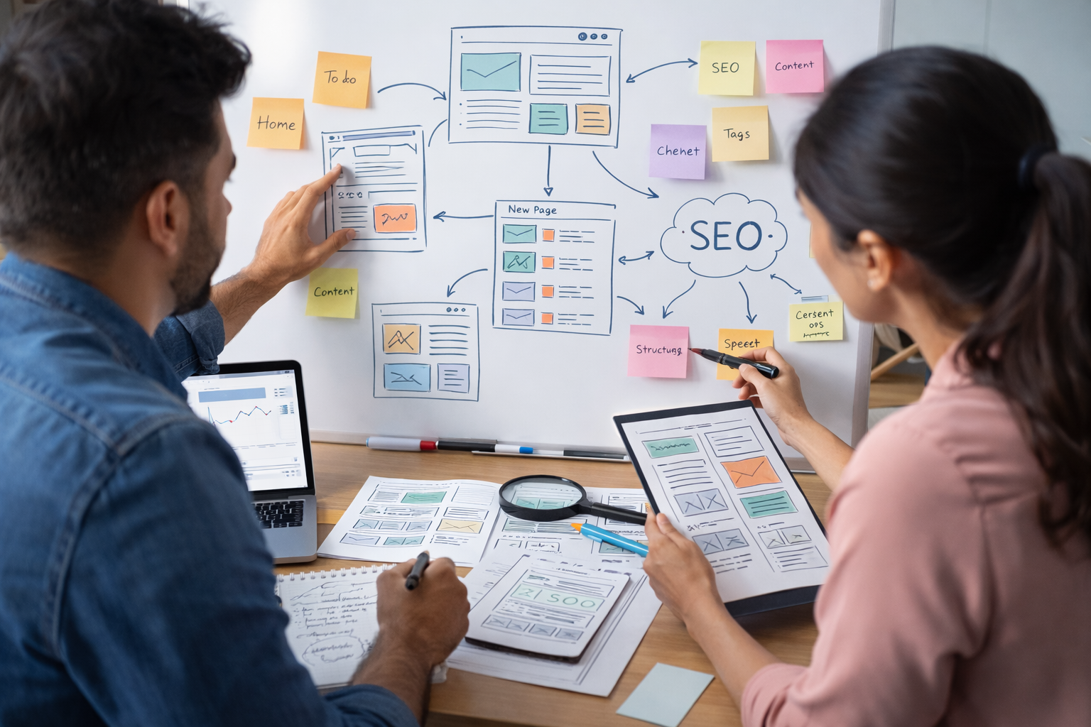 Deux experts web préparent la refonte d’un site internet à partir de maquettes, d’une arborescence et d’éléments SEO sur tableau