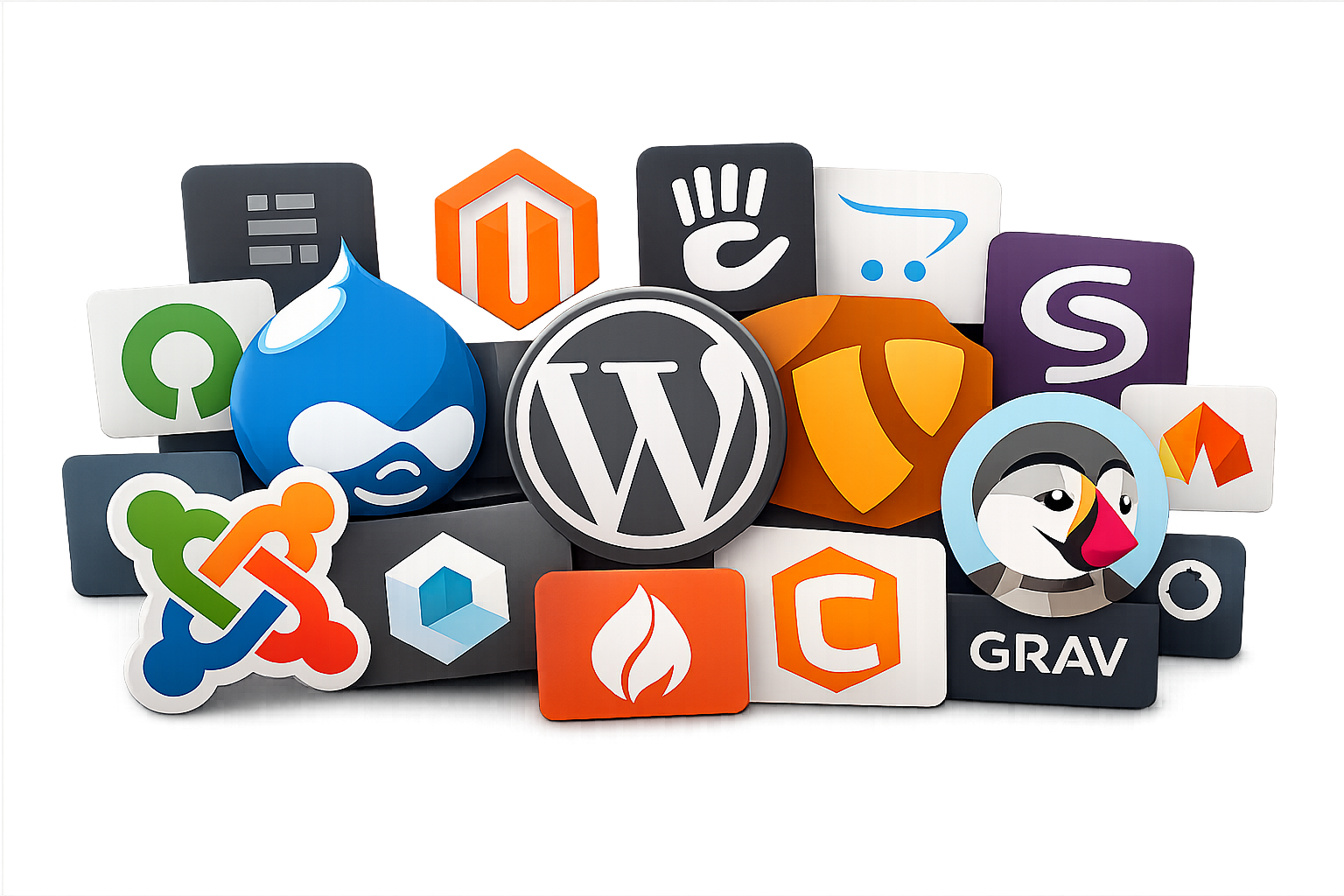 Montage de logos de CMS open source, dont Joomla, Drupal, WordPress, TYPO3, PrestaShop et Grav, sur fond sombre