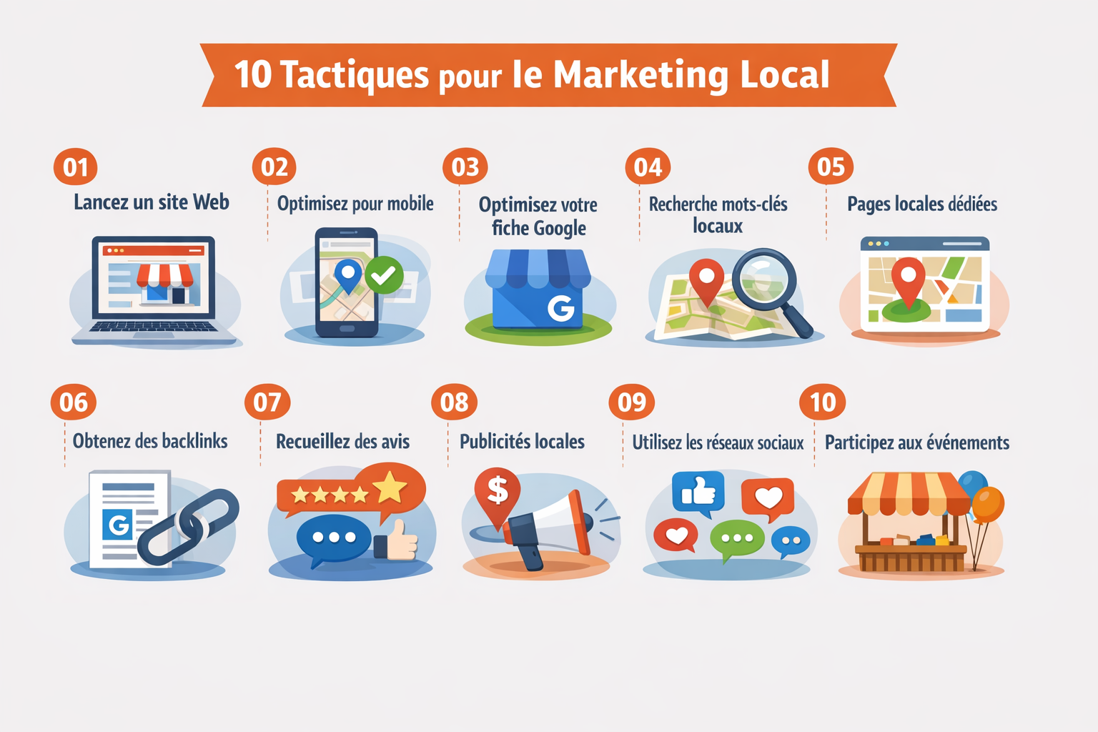 Infographie “10 tactiques pour le marketing local” avec 10 pictogrammes : lancer un site web, optimiser pour mobile, optimiser sa fiche Google Business Profile, rechercher des mots-clés locaux, créer des pages locales dédiées, obtenir des backlinks, recueillir des avis clients, lancer des publicités locales, utiliser les réseaux sociaux, participer à des événements locaux.