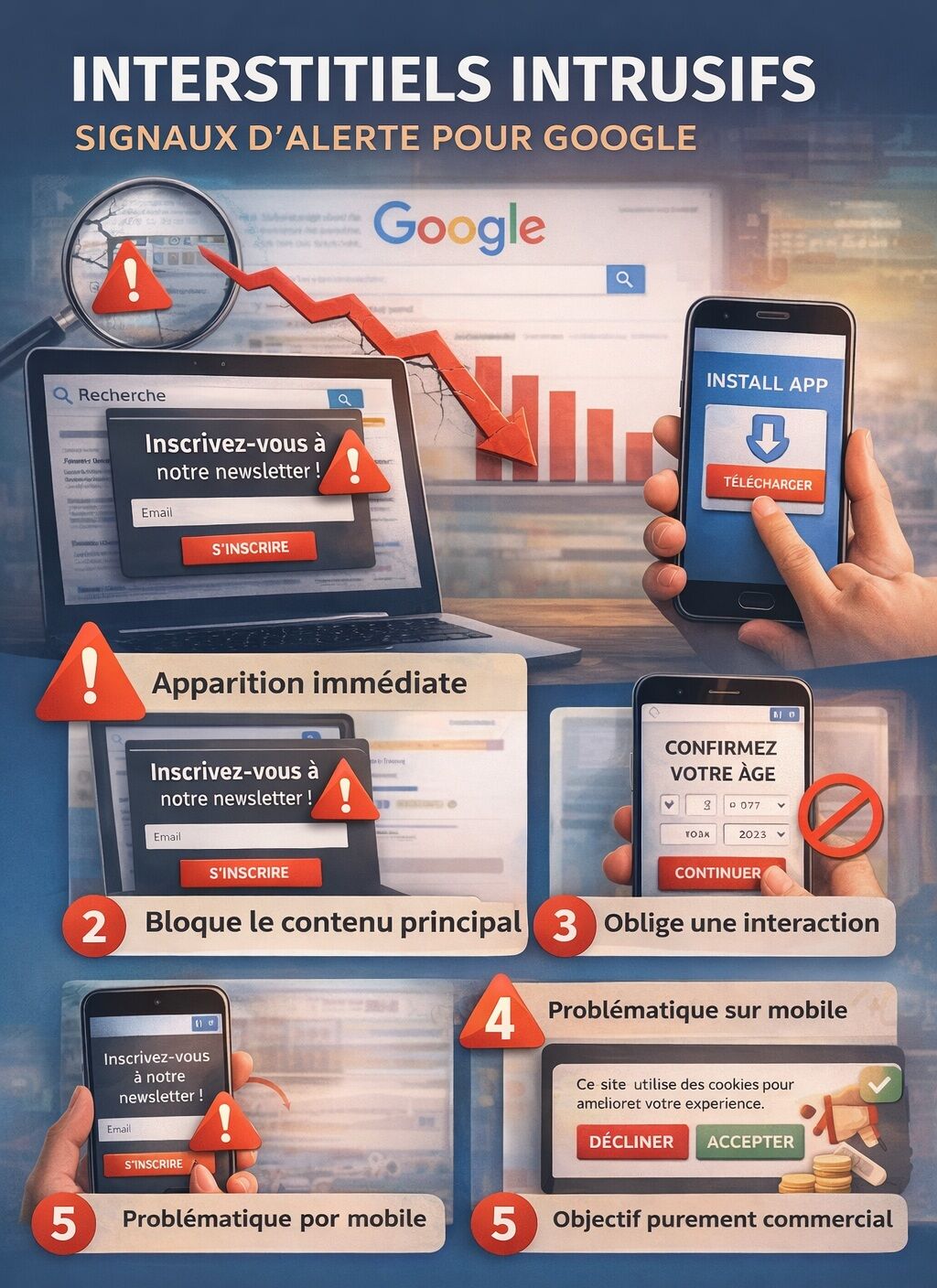 Infographie “Interstitiels intrusifs : signaux d’alerte pour Google” avec 5 pictos illustrant : pop-up dès l’arrivée depuis Google, overlay qui masque le contenu, action obligatoire pour continuer, rendu plein écran sur mobile, pop-up purement commercial non indispensable.