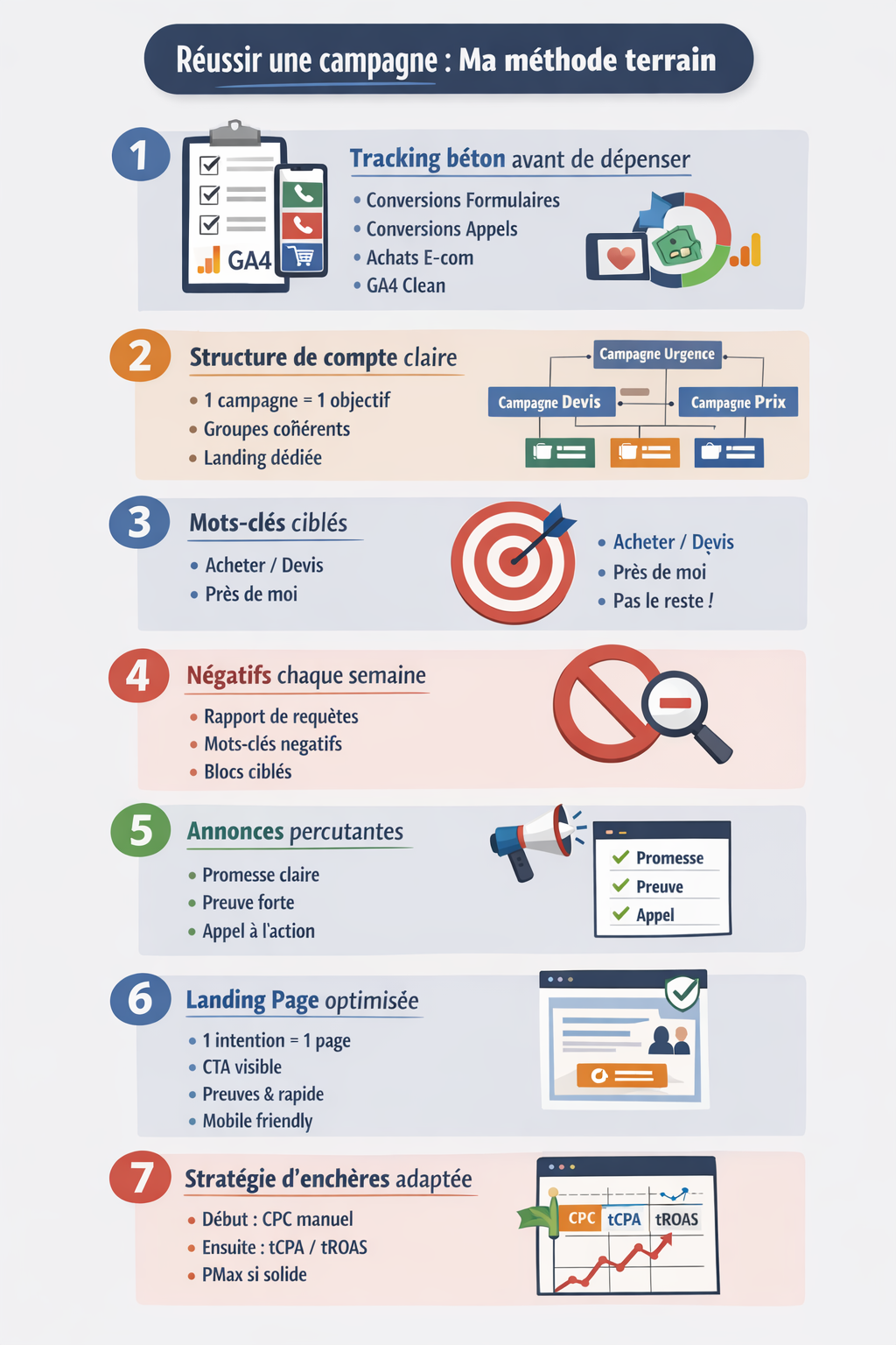 Infographie “Réussir une campagne Google Ads : ma méthode terrain” en 7 étapes : tracking des conversions (formulaire, appels, achats, GA4), structure du compte par intention, choix des mots-clés, ajout de mots-clés négatifs chaque semaine, annonces (promesse + preuve + CTA), landing page optimisée (CTA visible, preuves, mobile), stratégie d’enchères (CPC manuel puis tCPA/tROAS, PMax si solide).