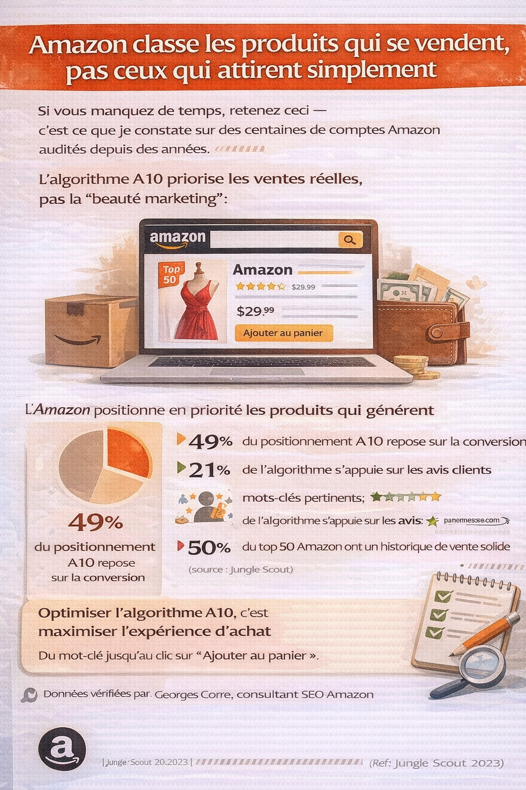 « Infographie Amazon A10 : Amazon classe les produits qui se vendent (conversion, avis, historique de ventes) plutôt que ceux qui attirent seulement des clics. »  Variantes si tu veux ajuster l’angle :  Plus court : « Infographie sur l’algorithme Amazon A10 : conversion, avis et ventes avant le texte. »  Plus explicite : « Tableau visuel A10 : mots-clés + conversion + avis + historique de ventes = meilleure visibilité sur Amazon. »  Plus “actionnable” : « Infographie A10 : optimiser l’expérience d’achat (mots-clés, images, avis, conversion) pour mieux ranker. »