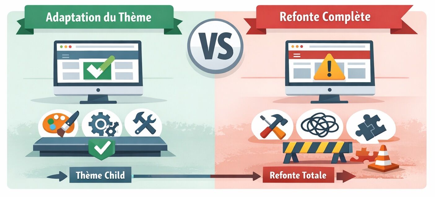 Infographie paysage comparant deux approches sur PrestaShop : à gauche, une adaptation légère du thème avec thème enfant, ajustements limités et maintenance maîtrisée ; à droite, une refonte complète nécessaire quand le front est trop complexe, avec pictogrammes de surcharge, incompatibilités et reconstruction plus lourde.