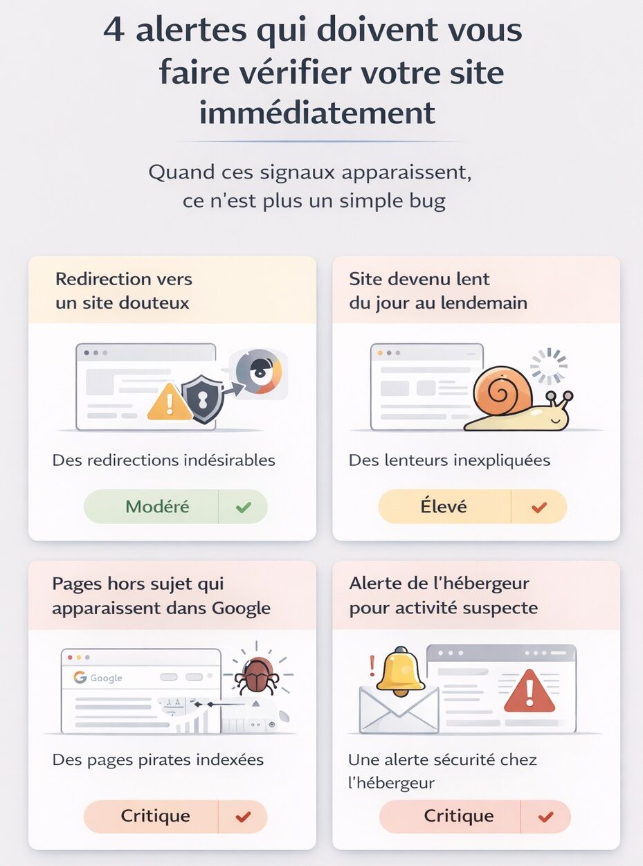 Infographie montrant quatre alertes majeures d’un site compromis : redirection douteuse, forte lenteur soudaine, pages SEO hors sujet dans Google et alerte de l’hébergeur.