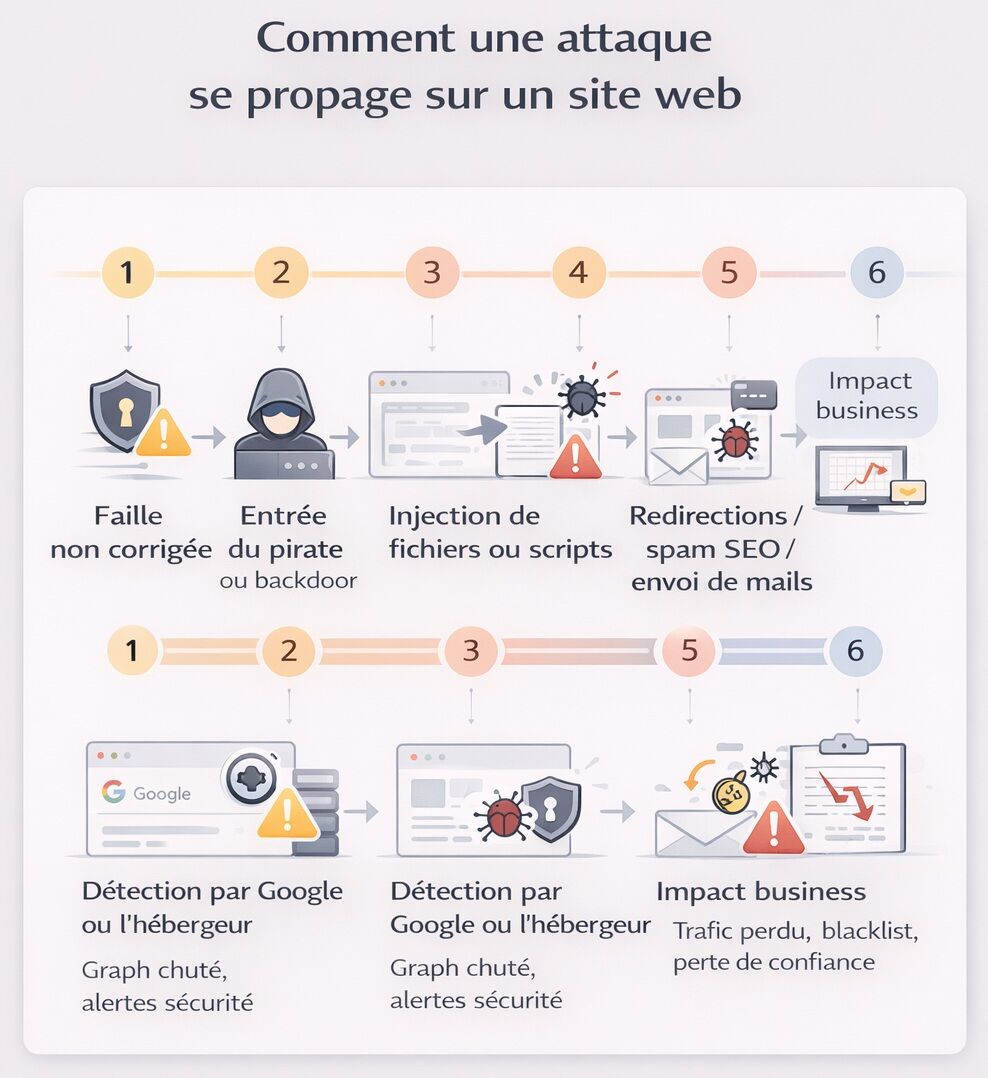 Infographie montrant les étapes d’une attaque sur un site web, depuis la faille initiale jusqu’aux redirections, au spam SEO, à la détection et aux impacts business.