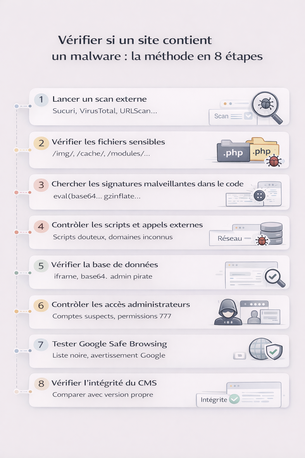Infographie en huit étapes pour vérifier si un site contient un malware, du scan externe jusqu’au contrôle de l’intégrité du CMS.