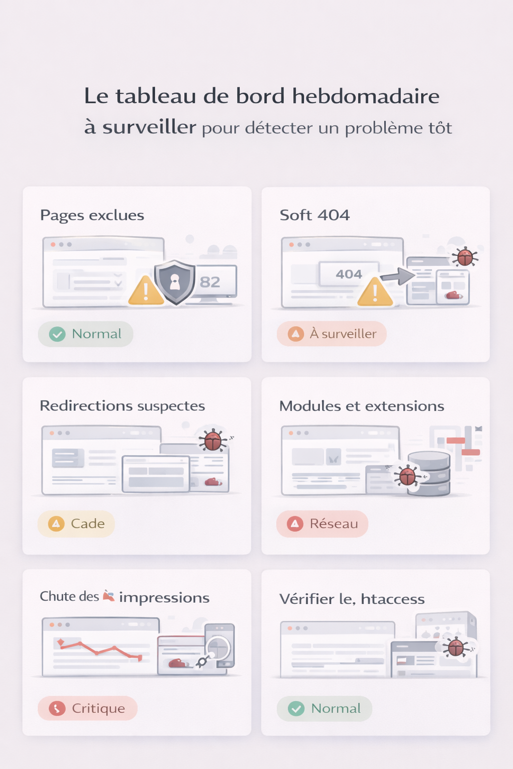 Infographie de type tableau de bord montrant les indicateurs à surveiller chaque semaine pour repérer rapidement une infection ou une anomalie SEO sur un site.
