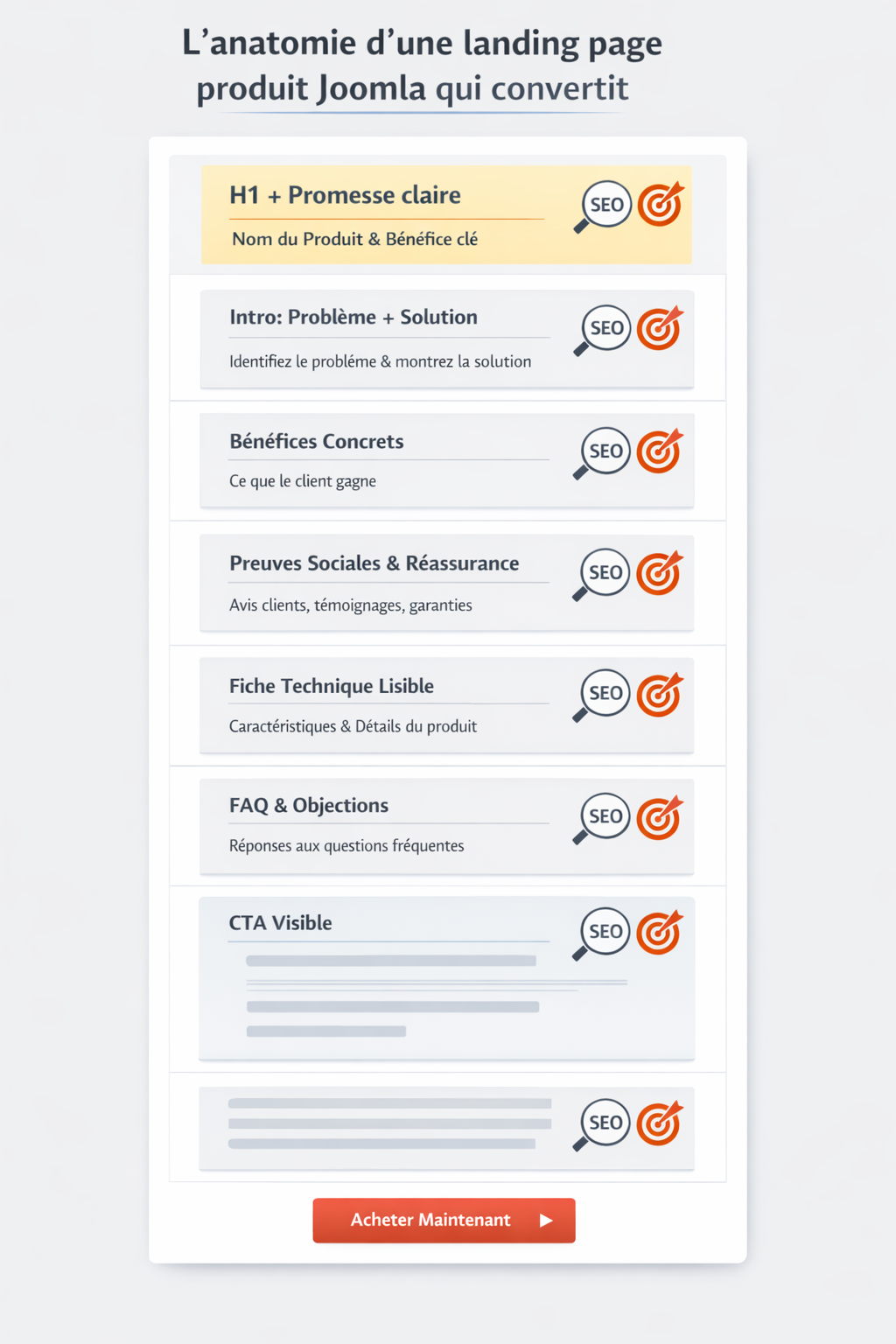 Infographie landing page produit Joomla optimisée SEO et conversion avec structure idéale : H1, promesse claire, introduction, bénéfices, preuves sociales, fiche technique, FAQ et CTA visible.