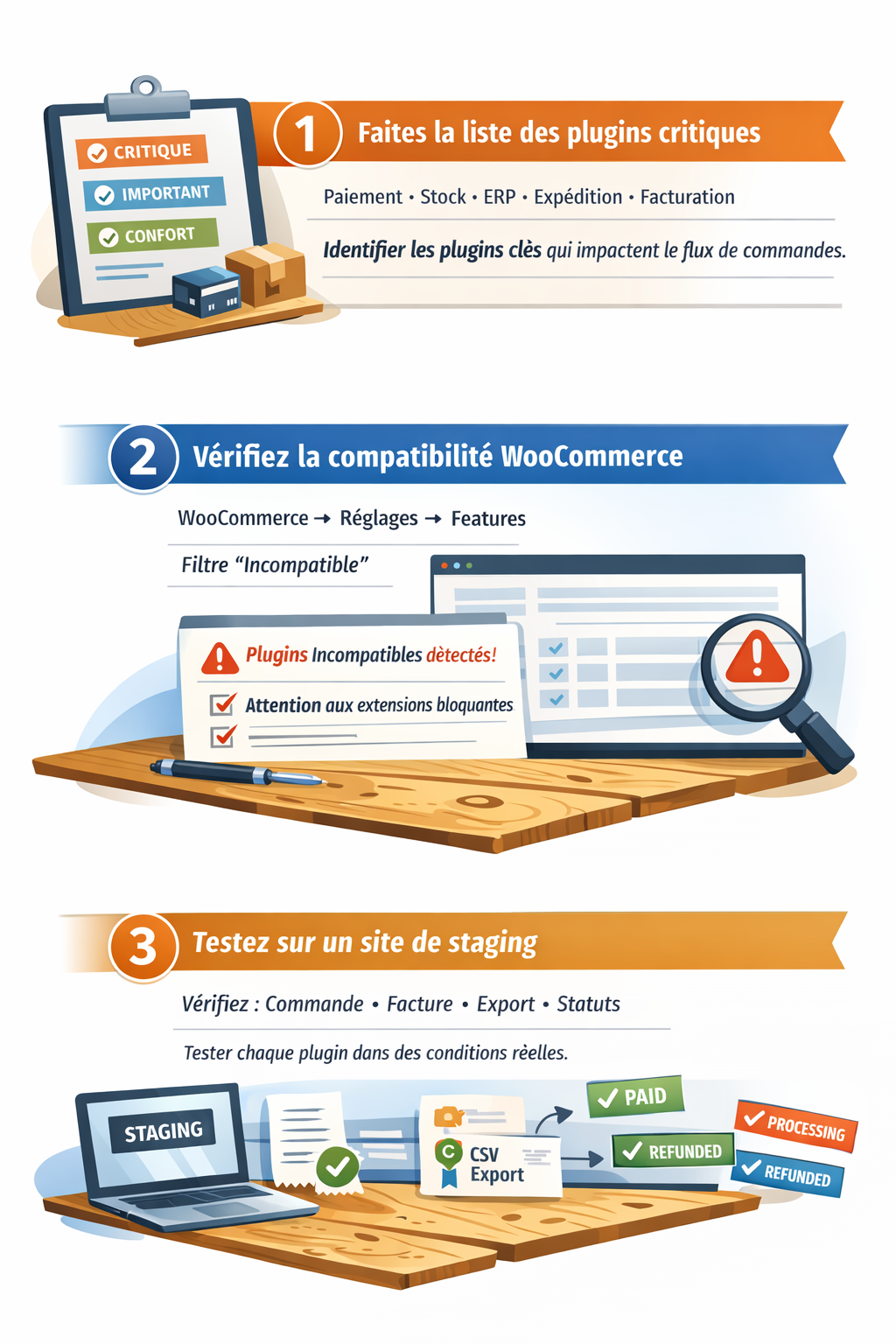 Infographie “Audit plugins HPOS” en 3 étapes : classer les extensions WooCommerce par criticité (paiement, stock, ERP, expédition, facturation), vérifier la compatibilité HPOS dans WooCommerce → Réglages → Features (filtre “incompatible”), puis tester sur un site de staging (commande, facture, export, automatisations et statuts).