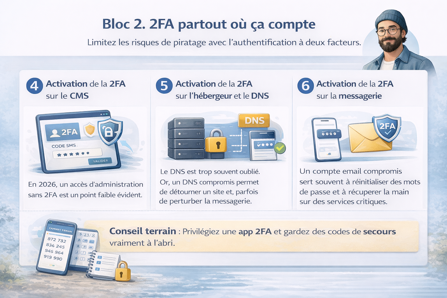Infographie “Bloc 2 – 2FA partout où ça compte” montrant trois zones à sécuriser avec une icône cadenas et code 2FA : CMS, hébergeur et DNS, messagerie. En bas, un rappel “préférer une appli d’authentification” et “stocker les codes de secours en lieu sûr”.