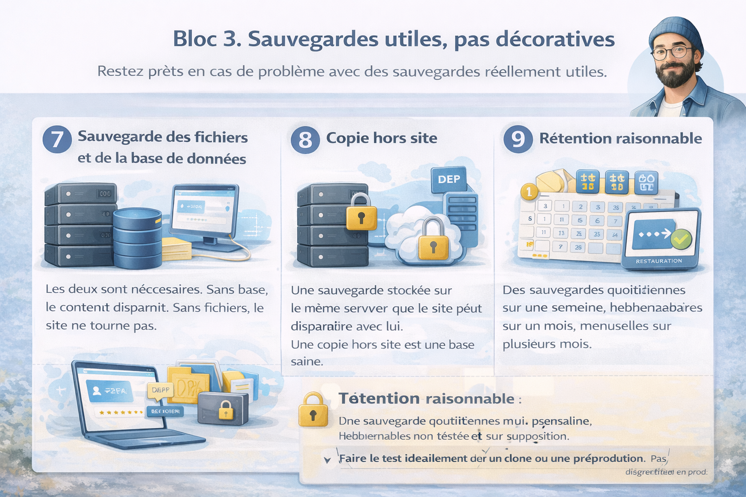 Infographie “Bloc 3. Sauvegardes utiles, pas décoratives” : schéma en 4 étapes montrant une sauvegarde fichiers + base de données, une copie hors site, une rétention (quotidien 7 jours, hebdo 4 semaines, mensuel 6 mois) et un test de restauration mensuel sur un clone ou une préproduction, avec un encadré “Conseil terrain” sur l’importance de tester la restauration.