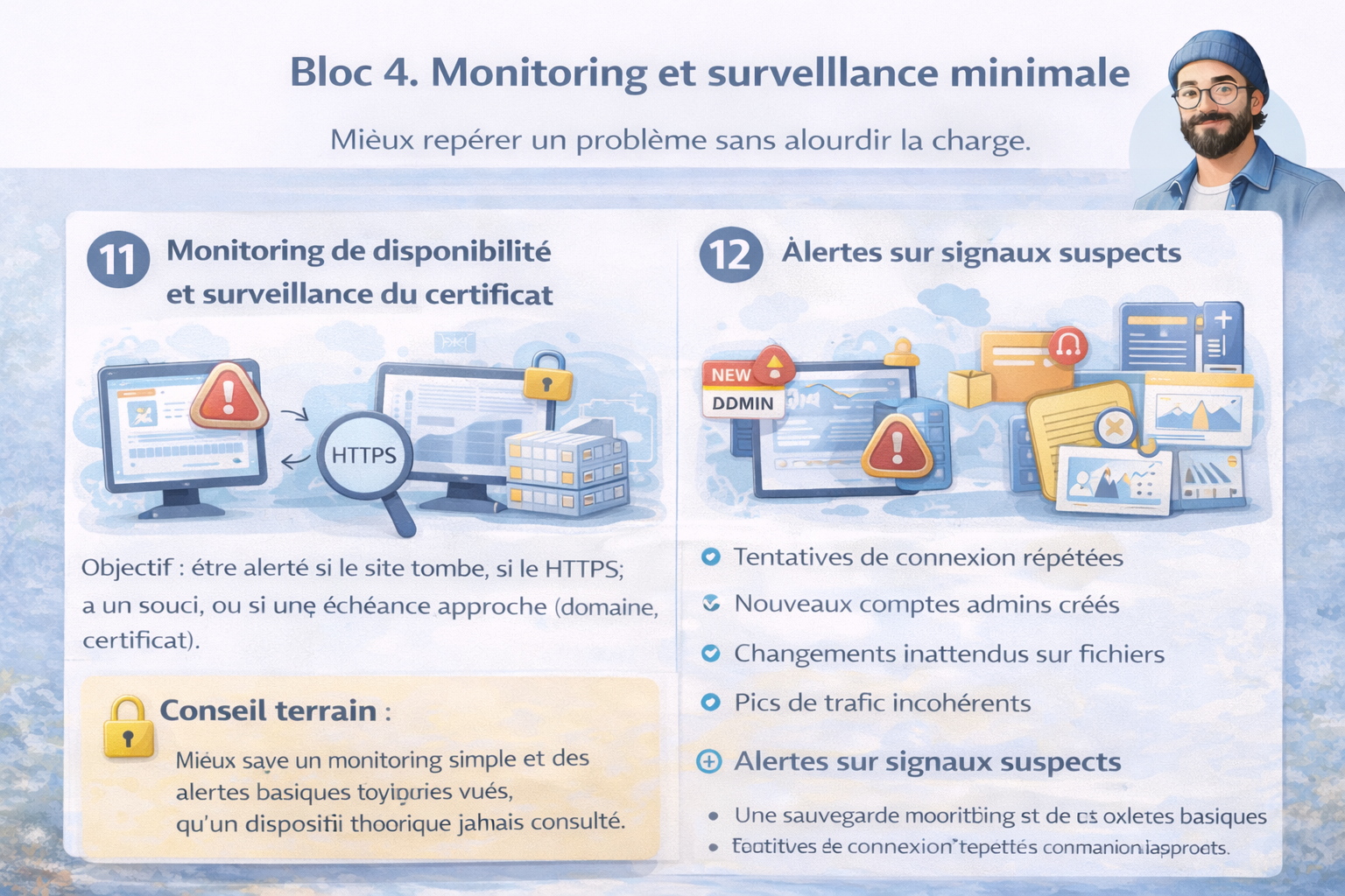Infographie “Bloc 4 – Monitoring et surveillance minimale” composée de deux panneaux. À gauche, étape 11 avec un écran d’alerte, une loupe et un badge HTTPS pour illustrer le monitoring de disponibilité et la surveillance du certificat, avec l’idée d’être alerté en cas de panne, de problème HTTPS ou d’expiration de domaine ou certificat. À droite, étape 12 montrant des alertes sur signaux suspects avec icônes d’avertissement et éléments de tableau de bord, listant tentatives de connexion répétées, nouveaux comptes admin créés, changements inattendus sur des fichiers et pics de trafic incohérents. En bas, un encadré “Conseil terrain” rappelle qu’un monitoring simple et des alertes basiques valent mieux qu’un dispositif théorique jamais consulté.