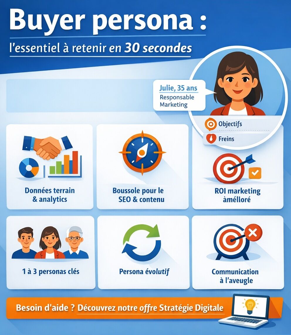 Infographie en français intitulée « Buyer persona : l’essentiel à retenir en 30 secondes ». Elle montre un exemple de persona nommé Julie, 35 ans, responsable marketing, avec ses objectifs et ses freins. Autour de ce profil, six blocs illustrent les idées clés : données terrain et analytics, rôle du persona pour le SEO et les contenus, amélioration du ROI marketing, travail sur 1 à 3 personas principaux, évolution du persona dans le temps et risque de communiquer à l’aveugle sans cible claire.
