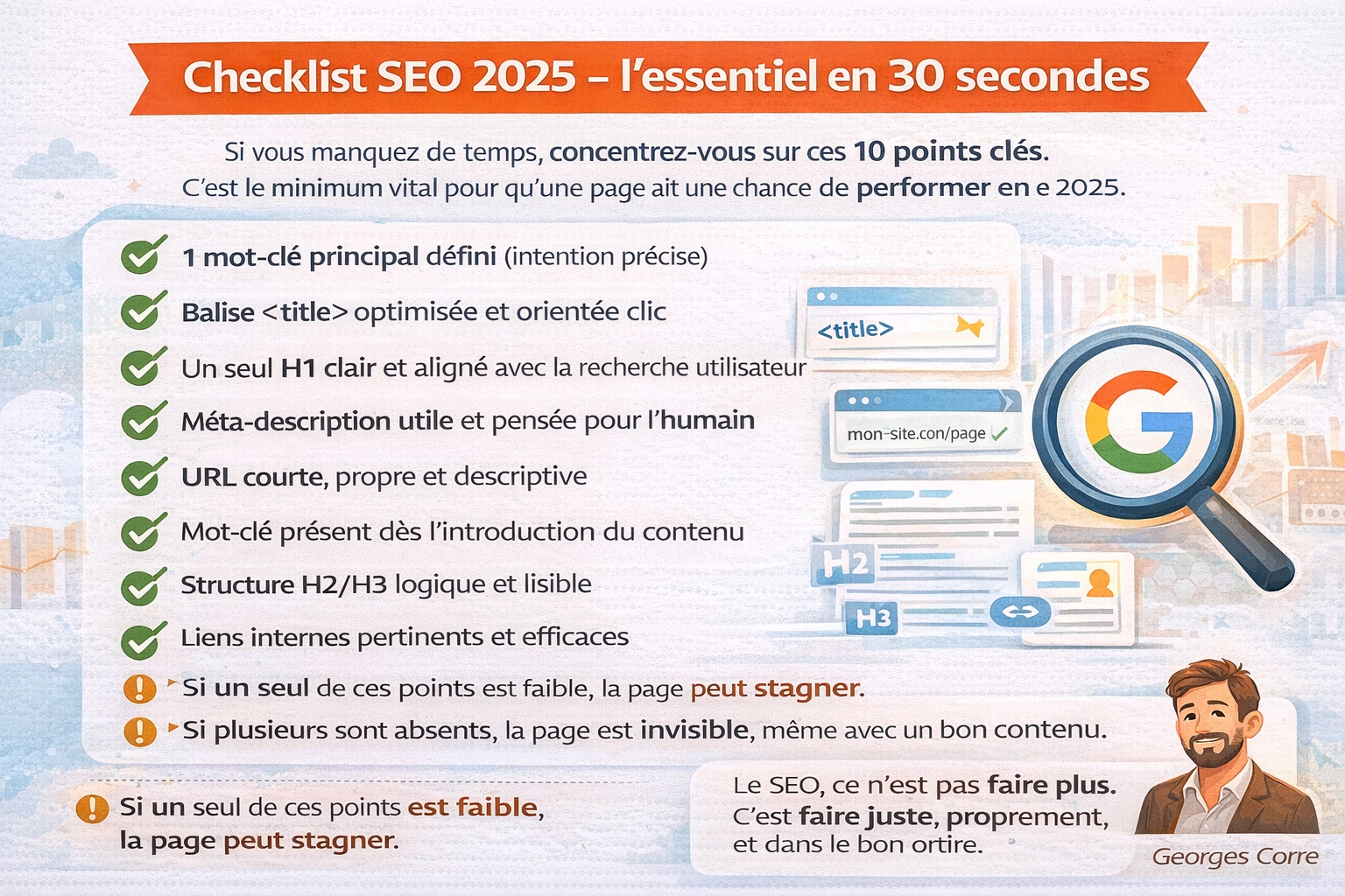 Infographie “Checklist SEO 2025 – l’essentiel en 30 secondes” : 10 points clés (mot-clé, title, H1, méta-description, URL, mot-clé en intro, réponse claire, structure H2/H3, liens internes, visuel + alt) avec rappel : un point faible fait stagner, plusieurs absents rendent la page invisible.