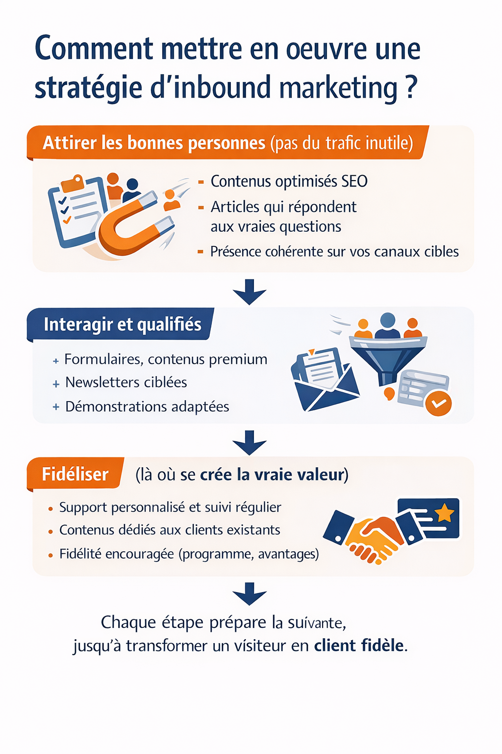 Infographie expliquant les étapes d’une stratégie d’inbound marketing efficace : attirer les bonnes personnes grâce au contenu SEO, interagir et qualifier les prospects via des formulaires et contenus premium, puis fidéliser les clients par un suivi personnalisé et une relation durable.