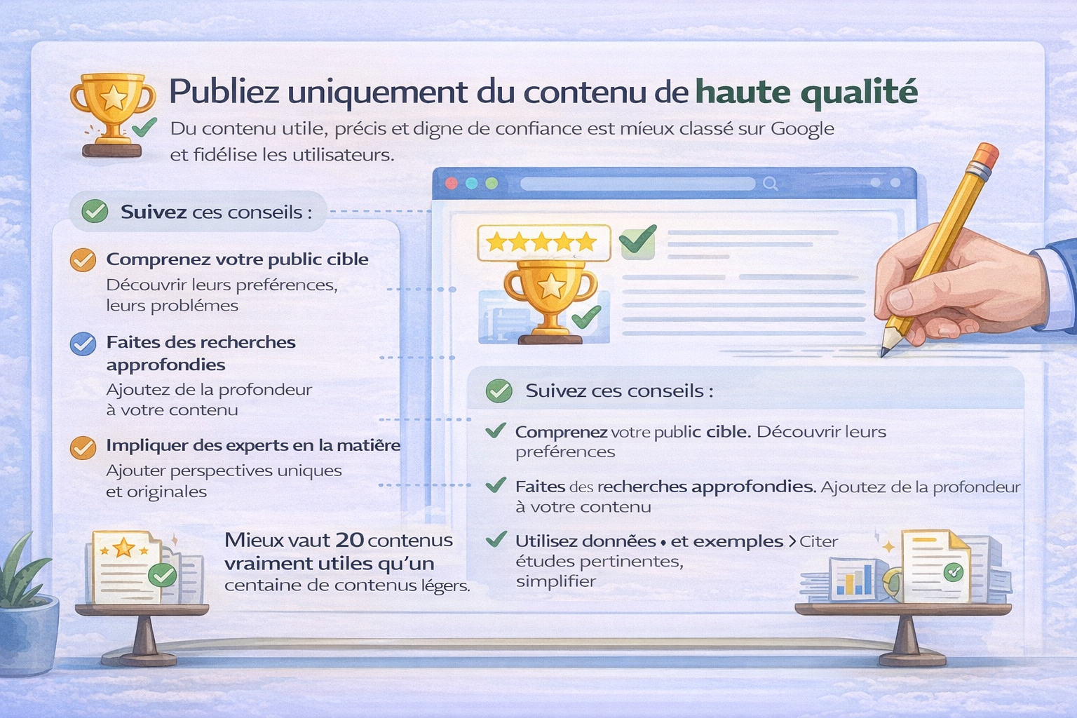 Infographie “Publiez uniquement du contenu de haute qualité” : comprendre son public, faire des recherches approfondies, impliquer des experts et utiliser des données/exemples — rappel que 20 contenus utiles valent mieux que 100 contenus légers.