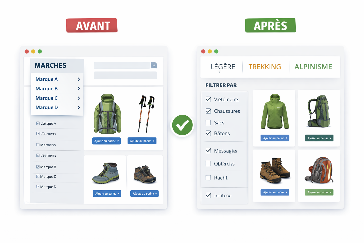 Refonte de navigation d’un site e-commerce de randonnée, comparaison avant/après avec menu par usage et filtres produits plus lisibles.