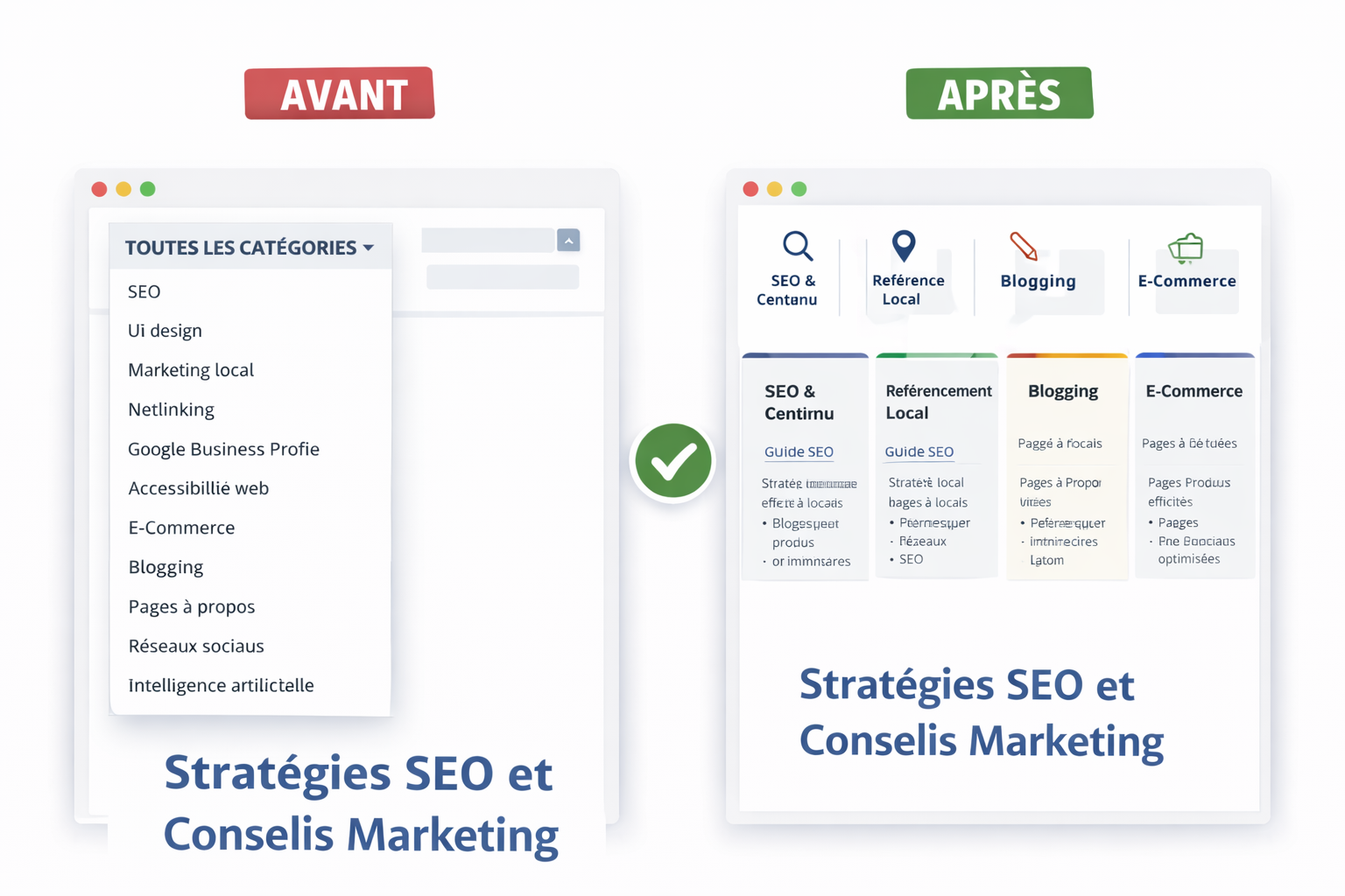 Refonte d’un blog SEO, comparaison avant/après avec menu surchargé remplacé par quatre catégories principales, pages piliers et liens internes mieux structurés.