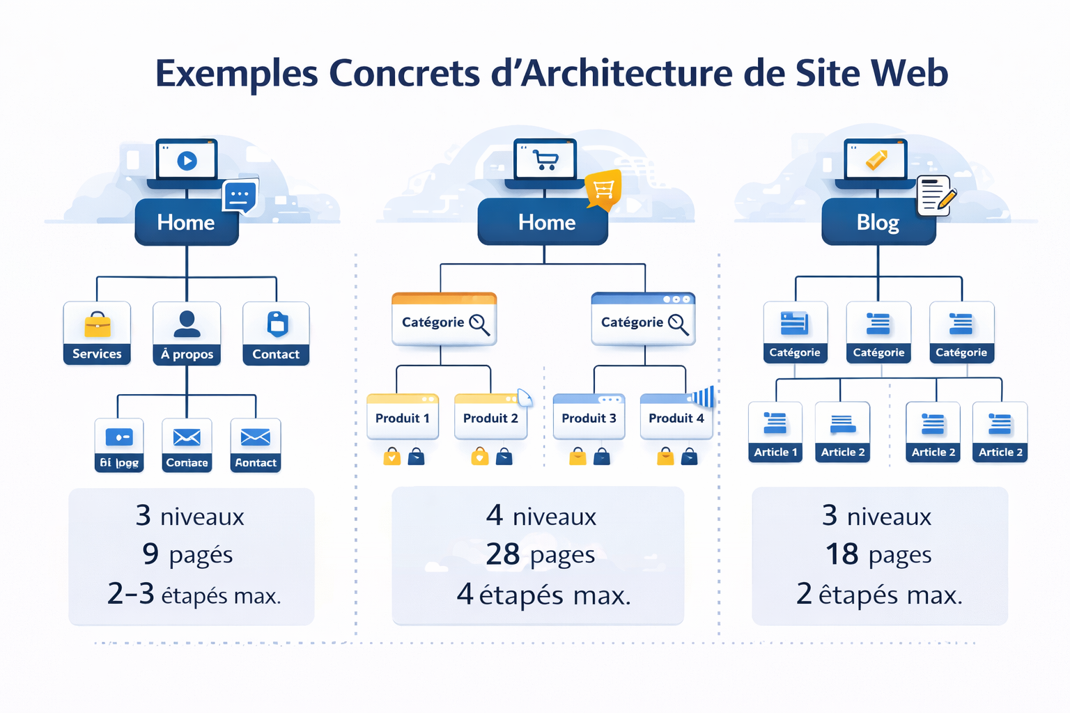 Infographie illustrant trois exemples concrets d’architecture de site web : un site vitrine, un site e-commerce et un blog, avec arborescences simplifiées, nombre de pages, niveaux de profondeur et nombre maximal de clics pour accéder au contenu.