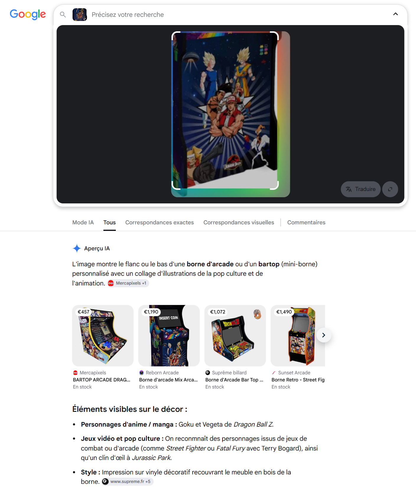 exemple avec le detail d'un produit dans google lens