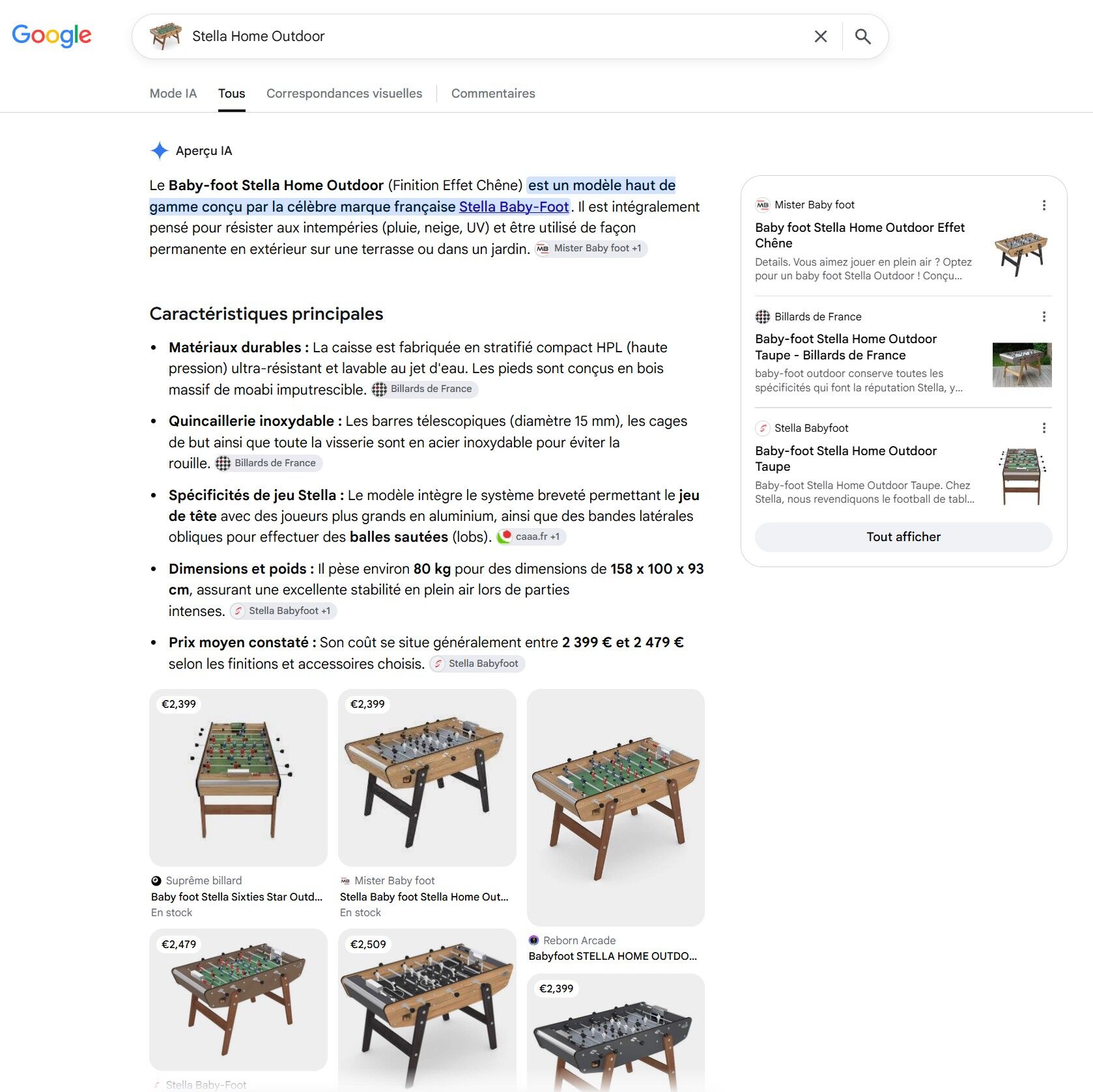 exemple de page de résultat sur google lens pour le baby foot
