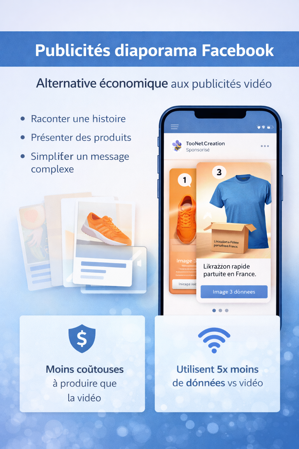 Infographie expliquant les publicités diaporama Facebook comme alternative économique aux annonces vidéo.