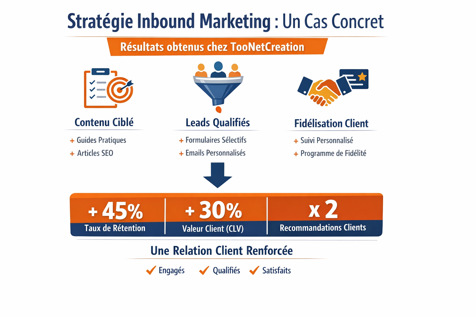 Infographie illustrant un cas concret de stratégie d’inbound marketing chez TooNetCreation, montrant les leviers activés (contenu ciblé, leads qualifiés, fidélisation client) et les résultats chiffrés obtenus : +45 % de taux de rétention, +30 % de valeur client (CLV) et un doublement des recommandations clients.