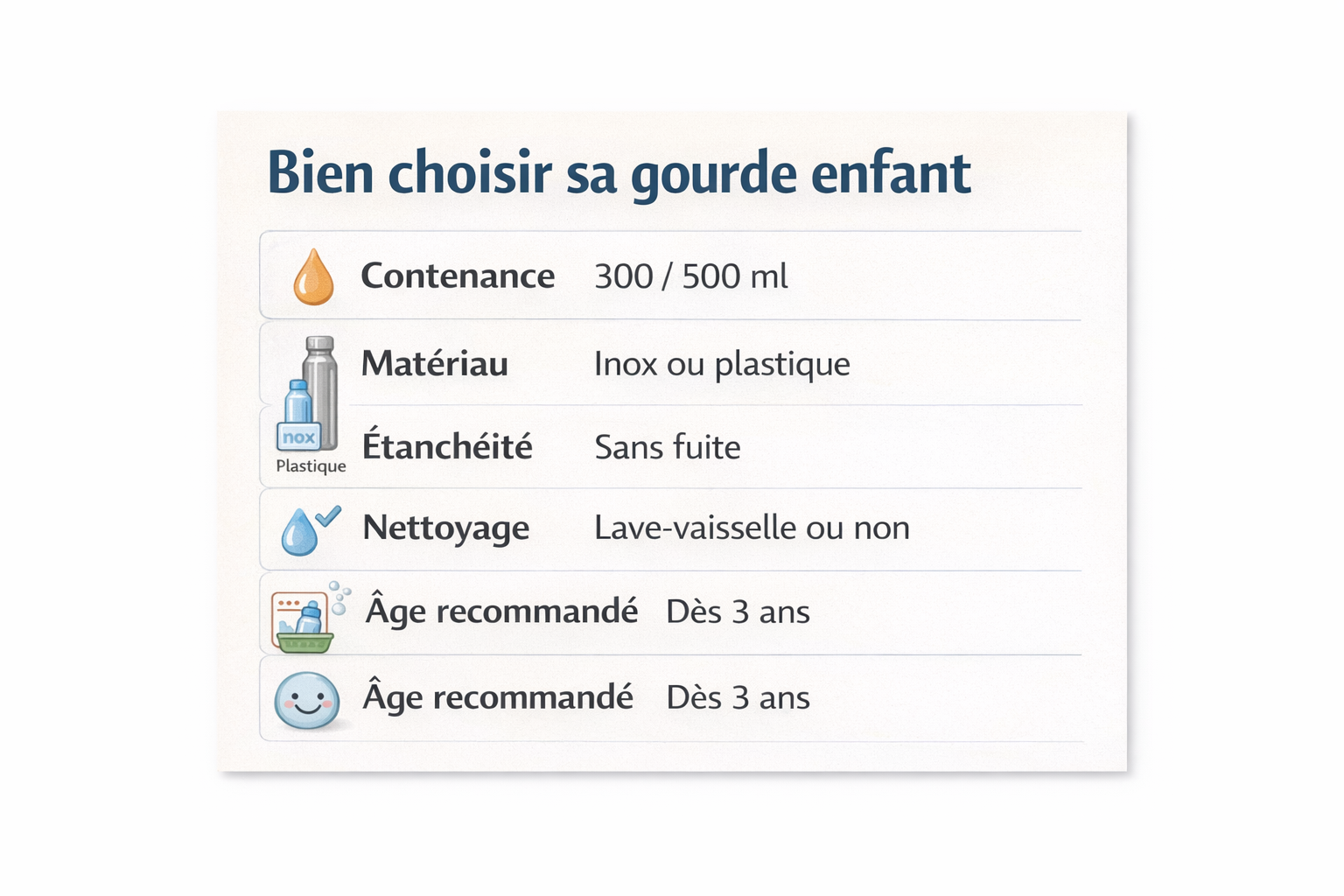 Infographie “Comment choisir une gourde enfant” présentant les critères de sélection clés : contenance (300 ou 500 ml), matériau (inox ou plastique), étanchéité sans fuite, facilité de nettoyage (lave-vaisselle ou non) et âge recommandé (dès 3 ans), avec pictogrammes et mise en page pédagogique.