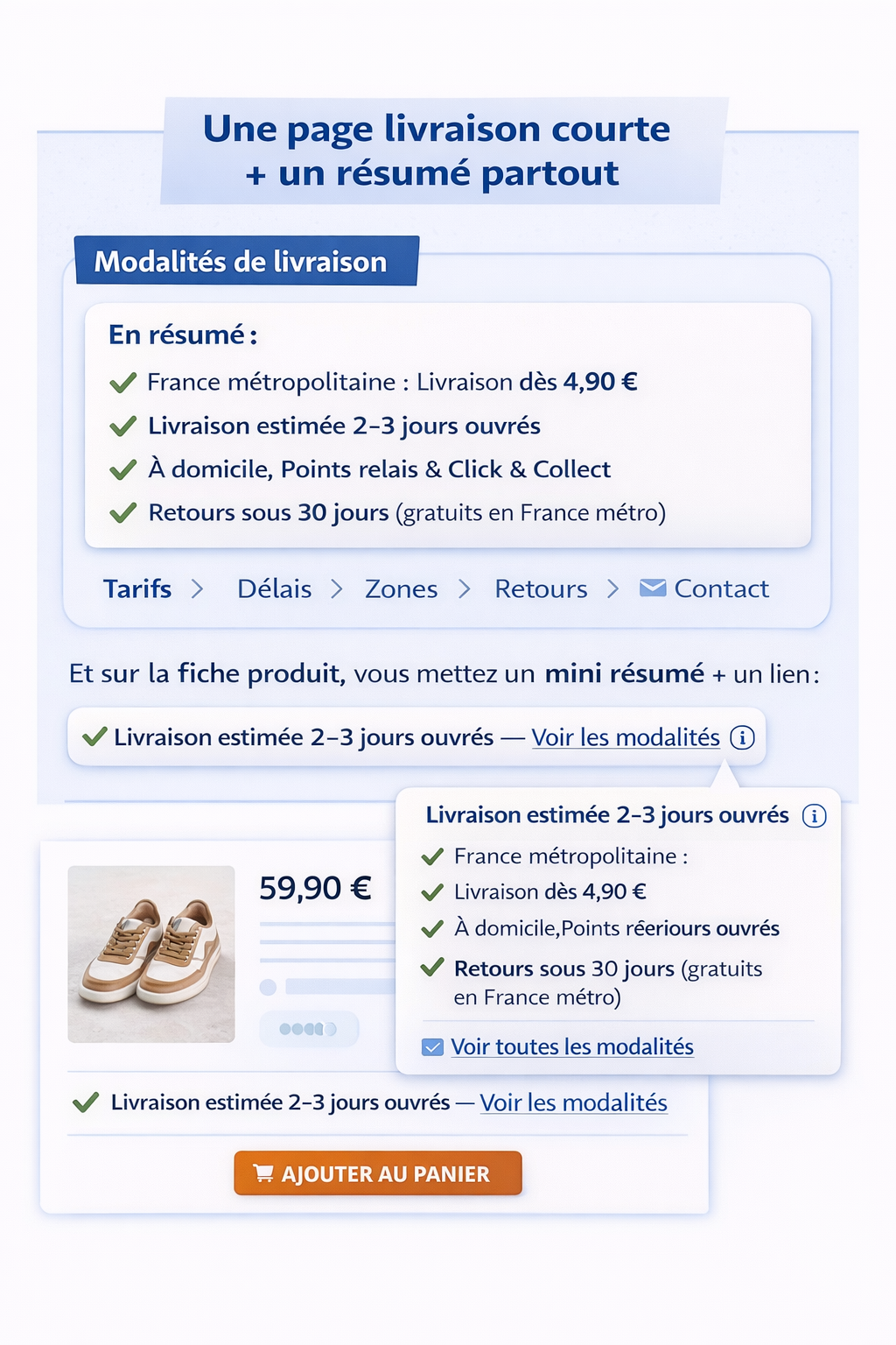 Infographie “Une page livraison courte + un résumé partout” : exemple de page “Modalités de livraison” avec un bloc “En résumé” (coût dès 4,90 €, délai 2–3 jours ouvrés, options, retours) et un mini résumé sur la fiche produit avec lien “Voir les modalités”.