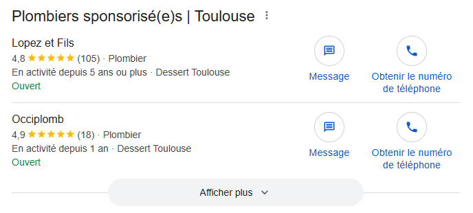 exemple d'annonces google ads pour des plombiers sur toulouse