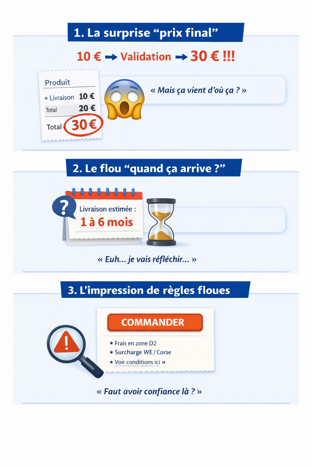 Infographie : 3 déclencheurs d’abandon de panier liés à la livraison — surprise du prix final (frais cachés), flou sur les délais, règles et conditions de livraison peu claires.
