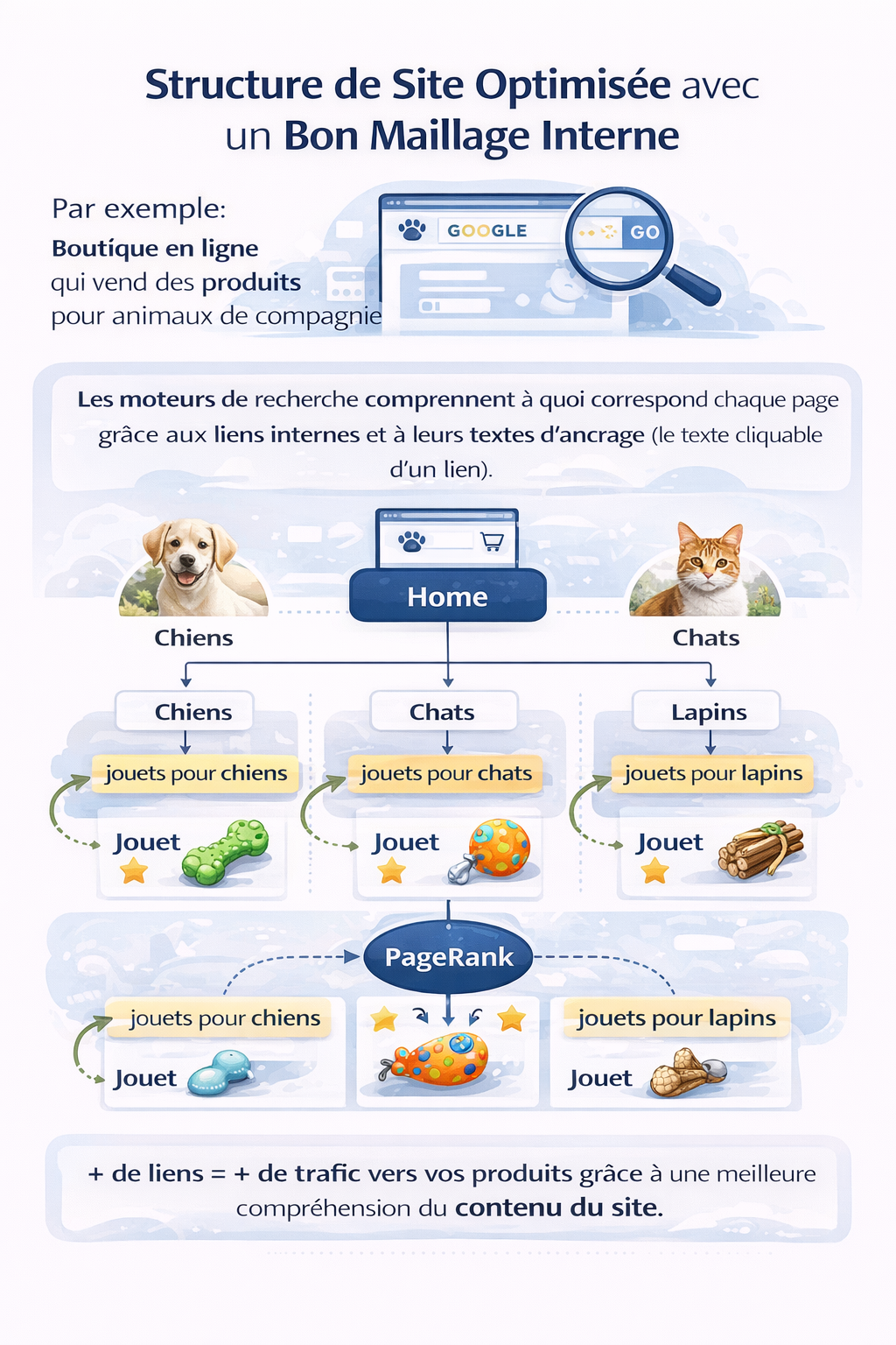 Infographie illustrant une architecture de site e-commerce optimisée pour le SEO : page d’accueil reliée à des catégories “Chiens”, “Chats” et “Lapins”, puis à des pages produits (“jouets pour chiens”, “jouets pour chats”, “jouets pour lapins”), montrant l’impact du maillage interne et du PageRank sur la compréhension du contenu par Google et l’amélioration du trafic.