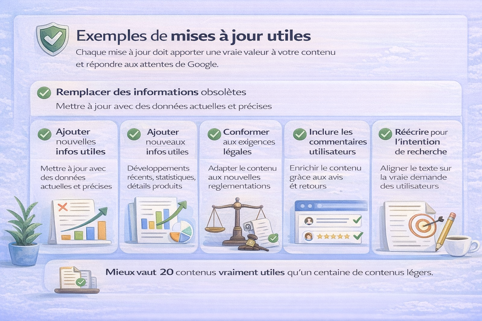 Infographie illustrant des exemples de mises à jour de contenu utiles en SEO : mise à jour d’informations obsolètes, ajout de nouvelles données et statistiques, conformité légale, intégration des avis utilisateurs et réécriture du contenu selon l’intention de recherche, afin d’apporter une réelle valeur aux utilisateurs et de respecter les recommandations de Google.