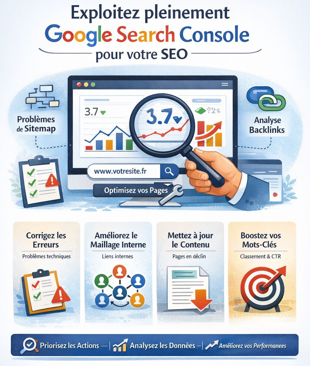 Infographie en français sur Google Search Console montrant un écran d’analyse SEO avec loupe, graphiques, sitemap, backlinks, maillage interne et optimisation des pages.