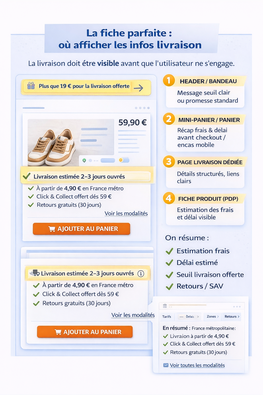 Infographie “La fiche parfaite : où afficher les infos livraison” : exemple de fiche produit e-commerce montrant un bandeau de seuil, un récap livraison (frais dès 4,90 €, délai 2–3 jours ouvrés, retours 30 jours) visible avant achat, avec rappels en mini-panier/panier et lien vers une page livraison dédiée.