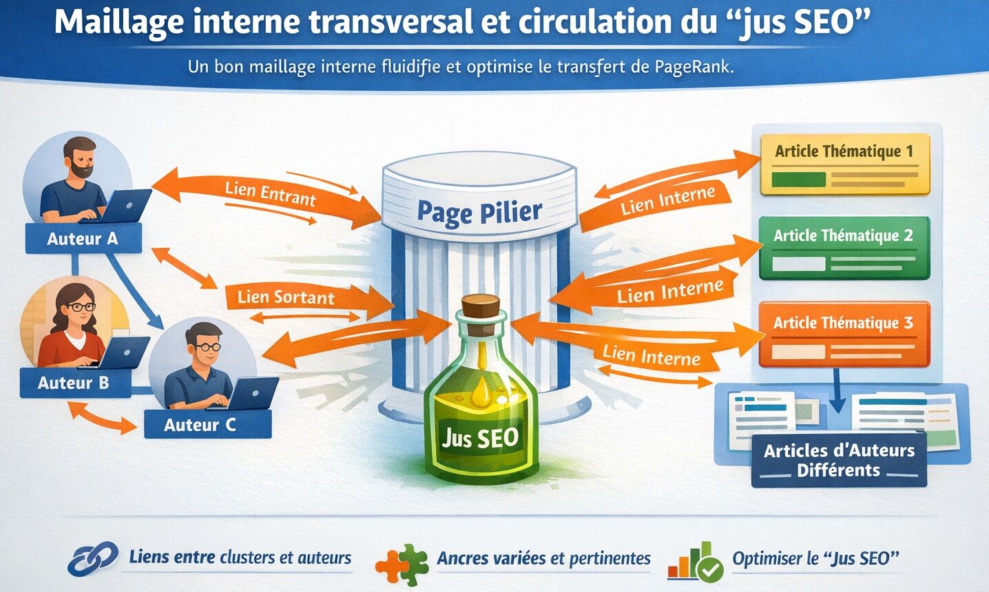 Infographie en mode paysage sur le maillage interne transversal : une page pilier centrale redistribue le jus SEO entre plusieurs articles et auteurs, avec liens entrants, liens sortants, ancres variées et connexions entre contenus complémentaires pour éviter les silos.