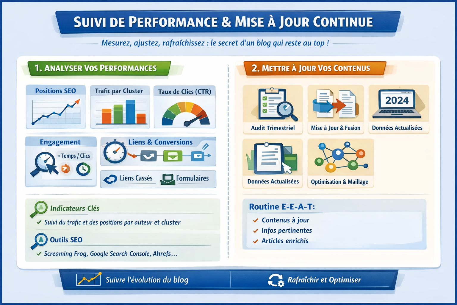 Infographie en mode paysage sur le suivi SEO d’un blog collectif : analyse des positions, trafic par cluster, CTR, engagement, liens internes et conversions, combinée à une routine de mise à jour continue avec audit trimestriel, fusion de contenus, actualisation des données et optimisation du maillage interne.