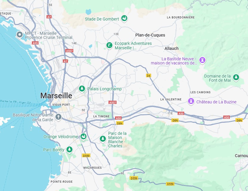 exemple de google map centré sur la ville de Marseille