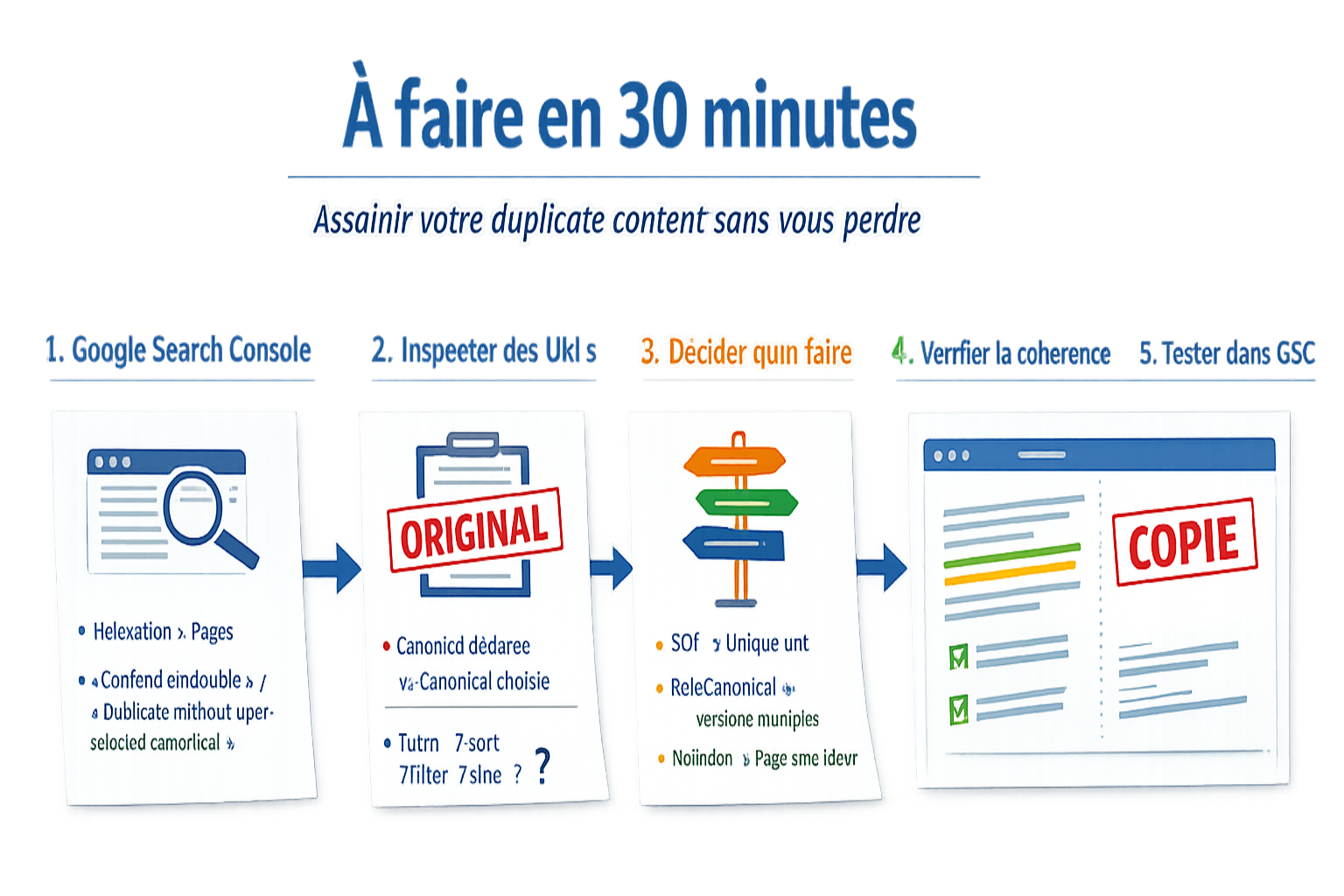 Infographie “À faire en 30 minutes” : 5 étapes pour assainir le duplicate content (GSC Pages, inspection d’URL, décision 301/canonical/noindex, vérification sitemap et maillage, test final dans GSC).