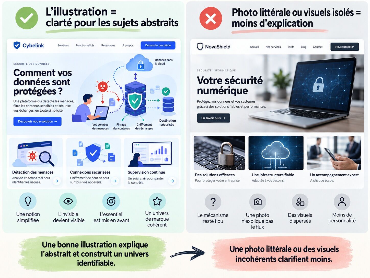 Comparaison de deux sites de cybersécurité : à gauche, des illustrations expliquent le parcours des données et les mécanismes de protection ; à droite, des photographies génériques d’ordinateurs ne permettent pas de comprendre le fonctionnement du service.