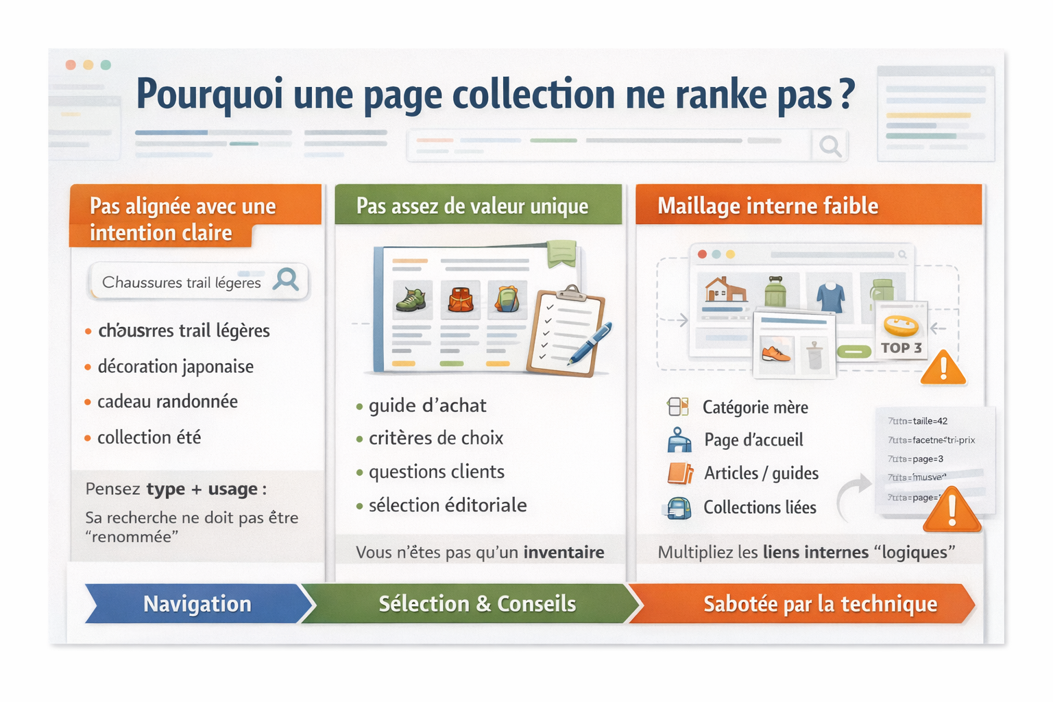 Infographie expliquant pourquoi une page collection e-commerce ne ranke pas : absence d’intention de recherche claire, manque de valeur ajoutée (guide, critères, sélection), maillage interne insuffisant et problèmes techniques (filtres, facettes, duplication), avec exemples concrets pour chaque cause.