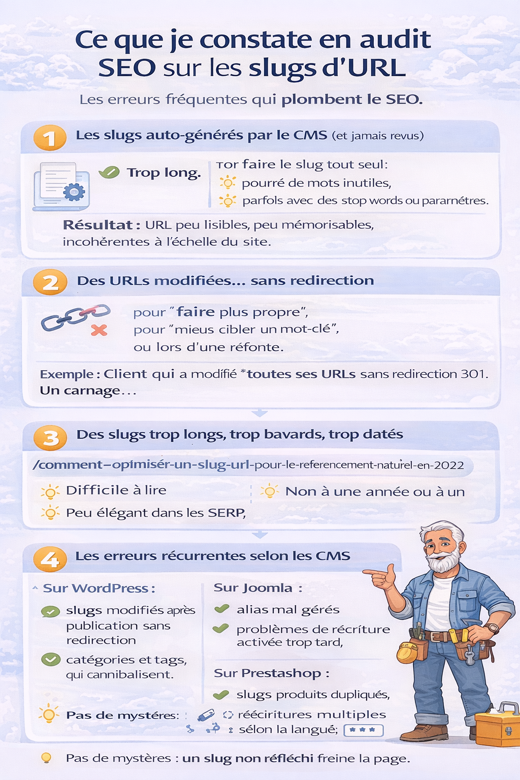 Infographie SEO montrant les erreurs les plus fréquentes observées en audit sur les slugs d’URL : slugs auto-générés par les CMS, modifications d’URL sans redirection 301, slugs trop longs ou datés, et pièges récurrents selon WordPress, Joomla et PrestaShop, avec impacts directs sur la lisibilité, l’indexation et les performances SEO.