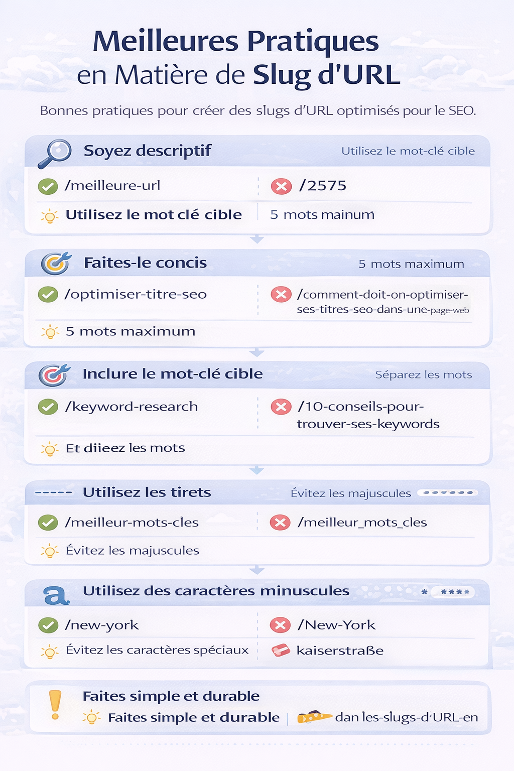 Infographie simple présentant les meilleures pratiques pour créer un slug d’URL optimisé SEO : slugs descriptifs, courts et lisibles, intégrant le mot-clé cible, séparés par des tirets, en minuscules, sans caractères spéciaux, avec exemples clairs de bons et mauvais slugs.