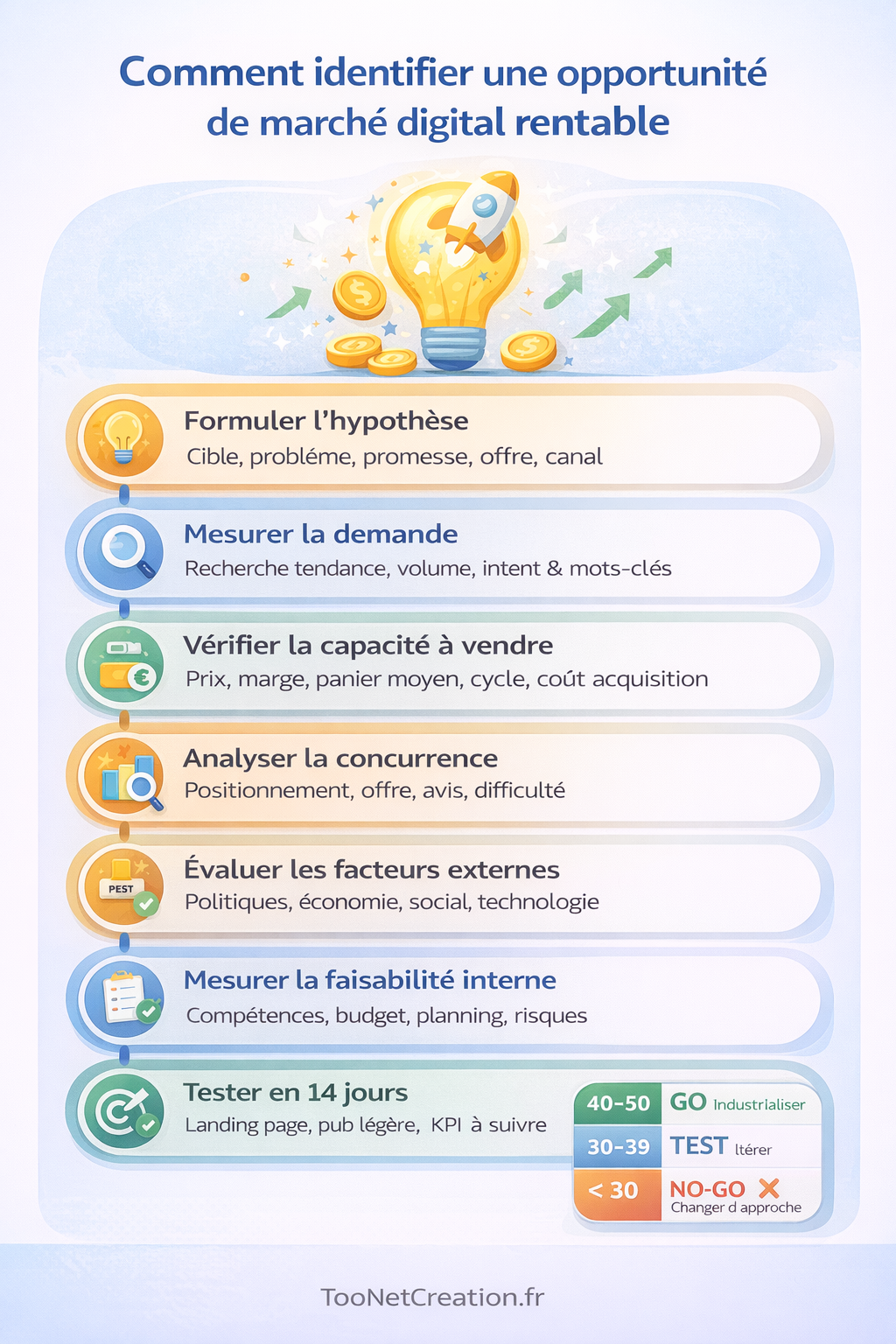 Infographie : 7 étapes pour valider une opportunité de marché digital — formuler l’hypothèse, mesurer la demande, vérifier la capacité à vendre, analyser la concurrence, évaluer les facteurs externes (PEST), mesurer la faisabilité interne, tester en 14 jours — avec une grille de décision Go / Test / No-Go.