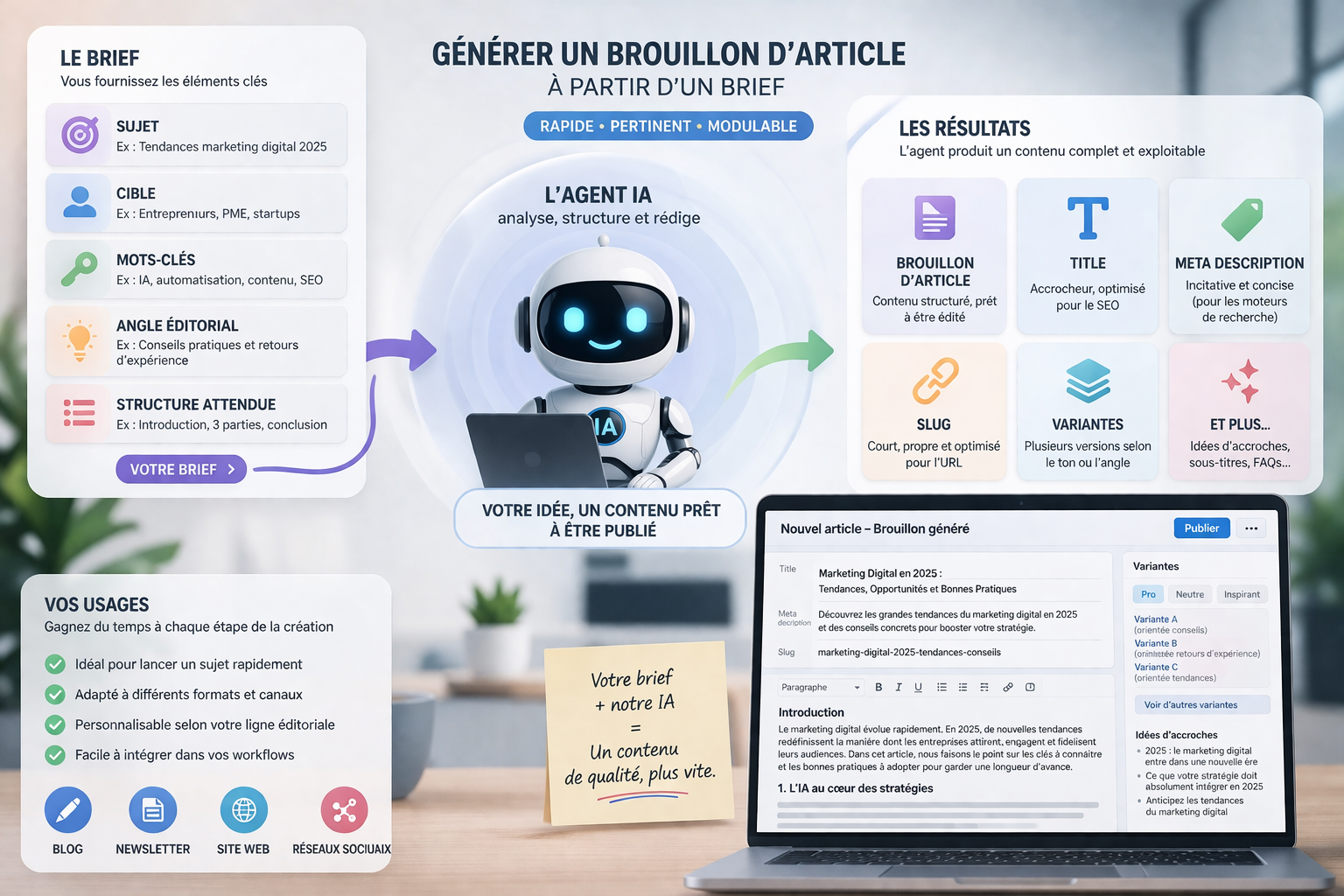 Schéma illustrant la génération automatique d’un brouillon d’article par un agent IA à partir d’un brief avec sujet, cible, mots-clés, angle éditorial et structure attendue.