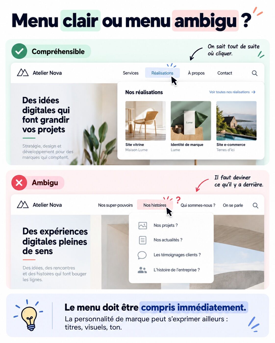 Infographie UX comparant deux menus de navigation : un menu clair avec « Services » et « Réalisations », et un menu ambigu avec « Nos super-pouvoirs » et « Nos histoires ». L’illustration montre l’importance de libellés explicites pour faciliter la navigation sur un site web.