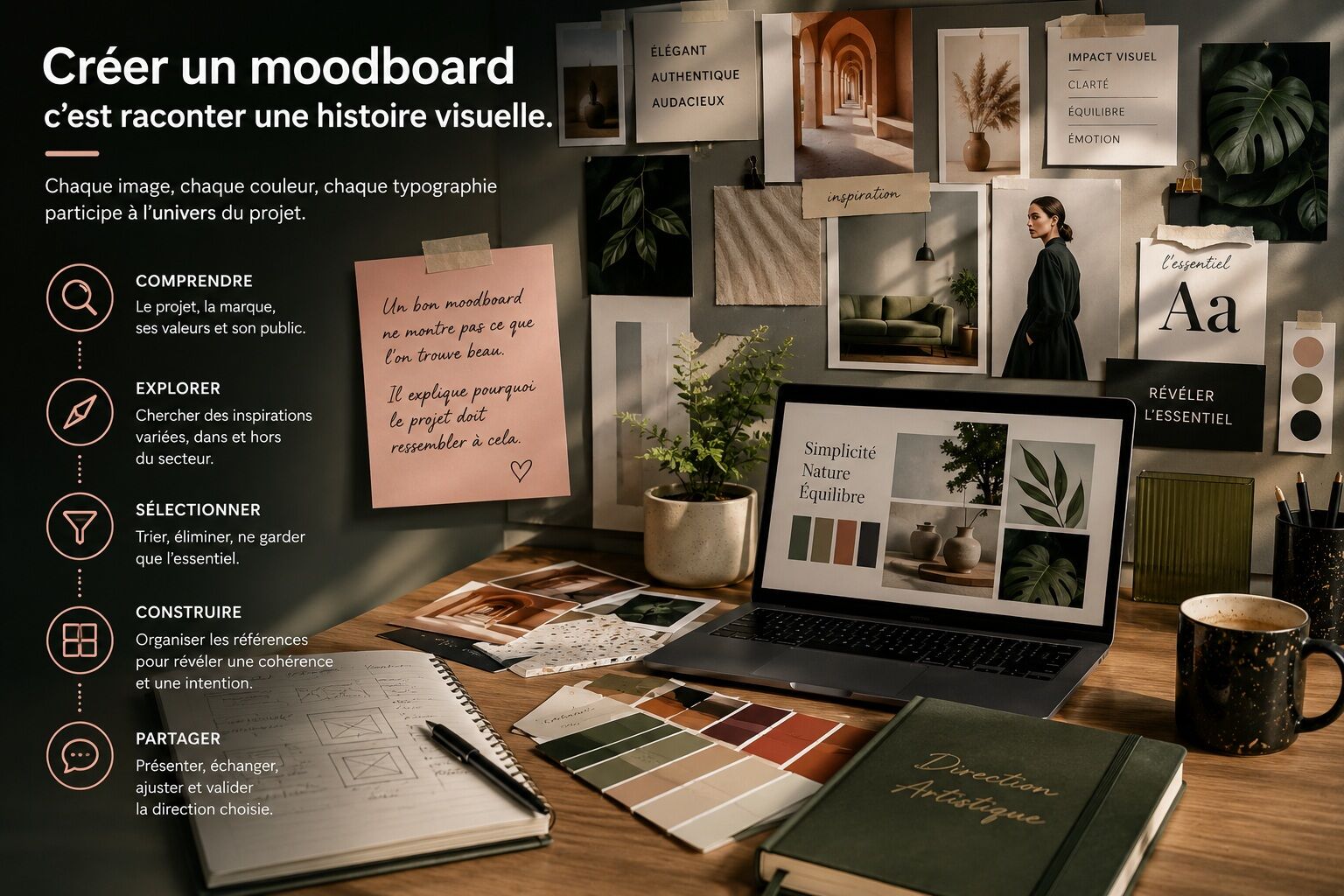 Passage d’un moodboard composé de références visuelles à une direction artistique structurée avec palette, typographies et principes graphiques.